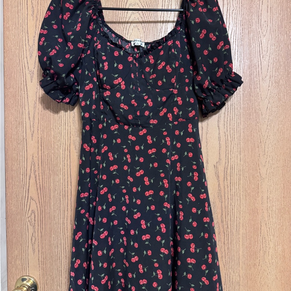 Inspired Hearts Black Dress with Red Cherry Print
